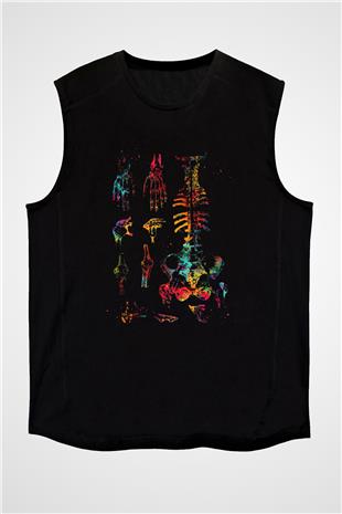 İnsan Kemikleri Renkli Baskılı Unisex Kolsuz Siyah Tişört - Tshirt