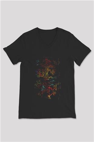 İnsan Soyağacı Baskılı Unisex V Yaka Siyah Tİşört - Tshirt