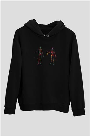 İnsan Vücudu İskelet Renkli Baskılı Unisex Siyah Hoodie
