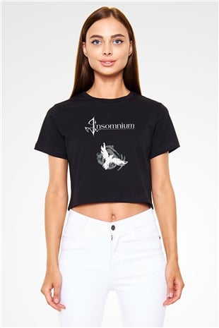 Insomnium Baskılı Siyah Crop Top Kadın Tişört - Tshirt