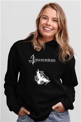Insomnium Baskılı Unisex Siyah Kapüşonlu Sweatshirt