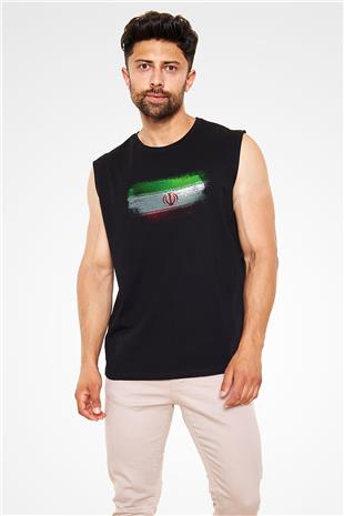 İran Bayrağı Baskılı Unisex Siyah Kolsuz Tişört