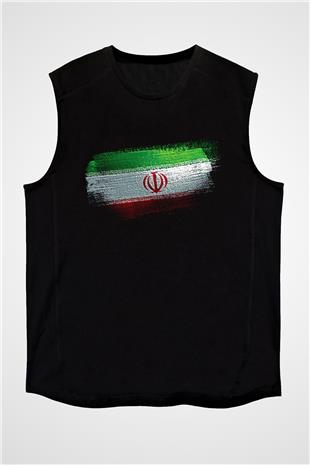 İran Bayrağı Baskılı Unisex Siyah Kolsuz Tişört