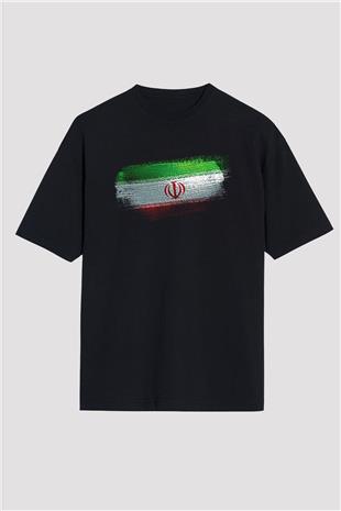 İran Bayrağı Baskılı Unisex Siyah Oversize Tişört