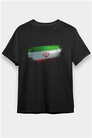 İran Bayrağı Baskılı Unisex Siyah Tişört