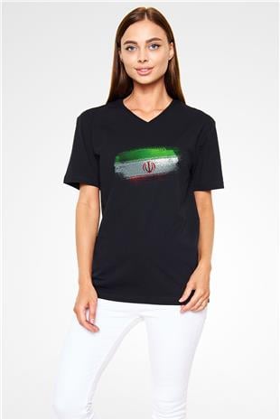 İran Bayrağı Baskılı Unisex Siyah V Yaka Tişört
