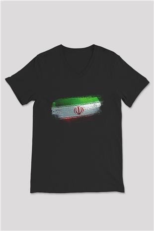 İran Bayrağı Baskılı Unisex Siyah V Yaka Tişört