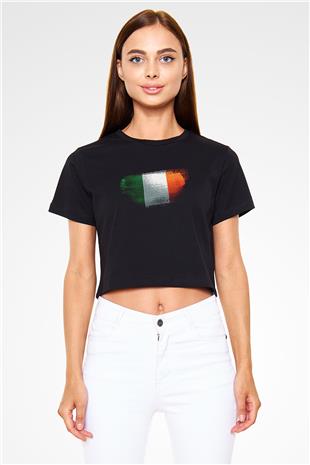 İrlanda - İreland Bayrağı Baskılı Kadın Crop Top Siyah Tişört