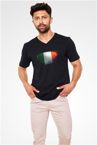 İrlanda - İreland Bayrağı Baskılı Unisex Siyah V Yaka Tişört