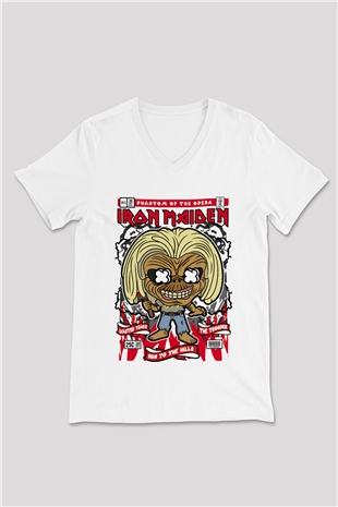 Iron Maiden Baskılı Unisex Beyaz V Yaka Tişört