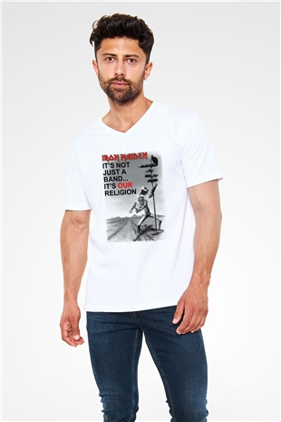 Iron Maiden Beyaz Unisex V Yaka Tişört T-Shirt