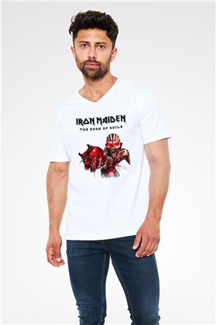 Iron Maiden Beyaz Unisex V Yaka Tişört T-Shirt