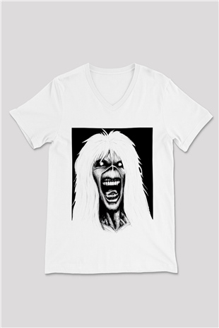 Iron Maiden Beyaz Unisex V Yaka Tişört T-Shirt