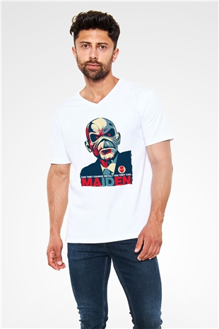 Iron Maiden Beyaz Unisex V Yaka Tişört