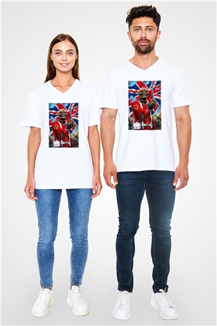 Iron Maiden Beyaz Unisex V Yaka Tişört T-Shirt