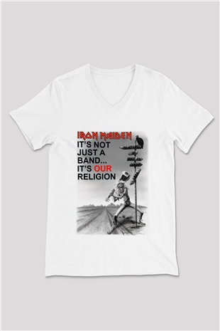 Iron Maiden Beyaz Unisex V Yaka Tişört T-Shirt