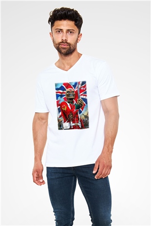 Iron Maiden Beyaz Unisex V Yaka Tişört T-Shirt