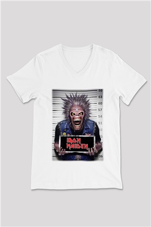 Iron Maiden Beyaz Unisex V Yaka Tişört T-Shirt