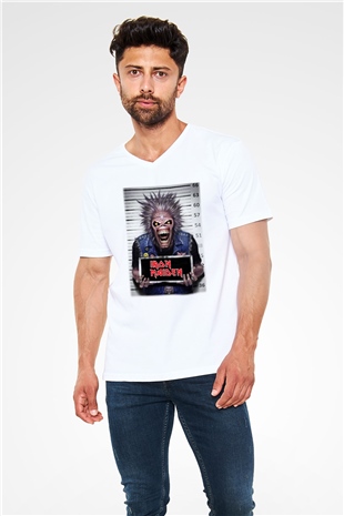 Iron Maiden Beyaz Unisex V Yaka Tişört T-Shirt