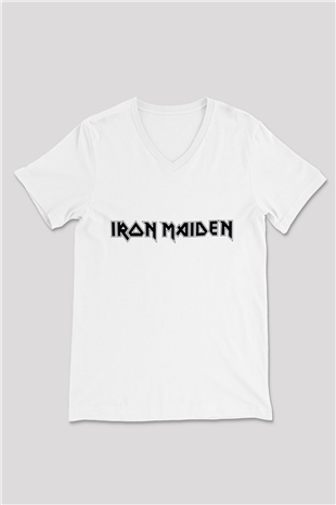 Iron Maiden Beyaz Unisex V Yaka Tişört T-Shirt