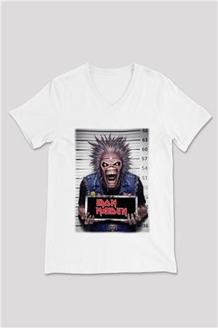 Iron Maiden Beyaz Unisex V Yaka Tişört T-Shirt