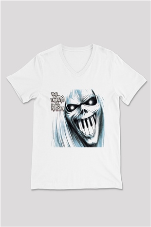 Iron Maiden Beyaz Unisex V Yaka Tişört T-Shirt