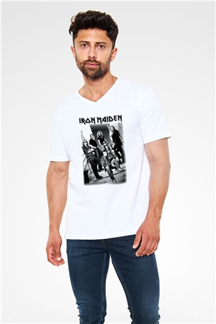 Iron Maiden Beyaz Unisex V Yaka Tişört T-Shirt