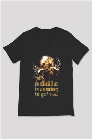 Iron Maiden Eddie İs Coming To Get You Siyah Unisex V Yaka Tişört T-Shirt