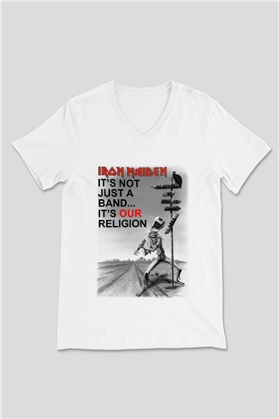 Iron Maiden İts Not Just A Band Its Our Religion Beyaz Unisex V Yaka Tişört T-Shirt