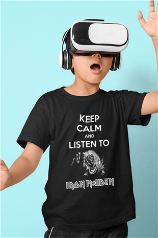 Iron Maiden Keep Calm And Listen To Baskılı Siyah Unisex Çocuk Tişört