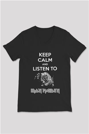 Iron Maiden Keep Calm And Listen To Siyah Unisex V Yaka Tişört T-Shirt