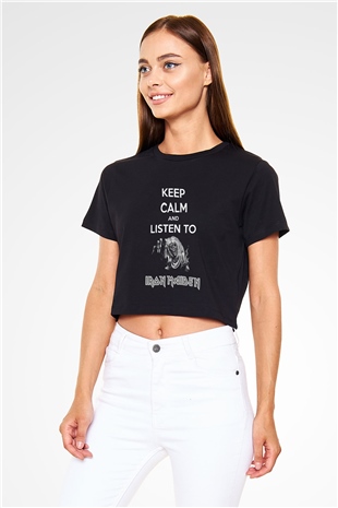 Iron Maiden Keep Calm And Listen To Siyah Crop Top Tişört