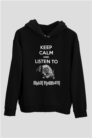 Iron Maiden Keep Calm And Listen To Siyah Unisex Hoodie