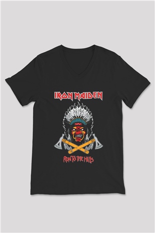 Iron Maiden Run To The Hills Siyah Unisex V Yaka Tişört T-Shirt