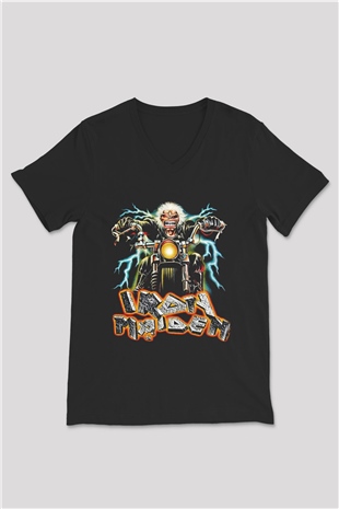 Iron Maiden Siyah Unisex V Yaka Tişört T-Shirt