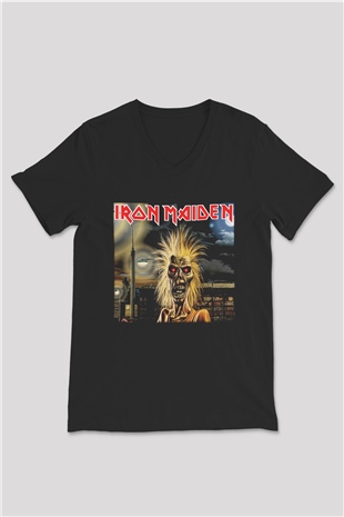 Iron Maiden Siyah Unisex V Yaka Tişört T-Shirt