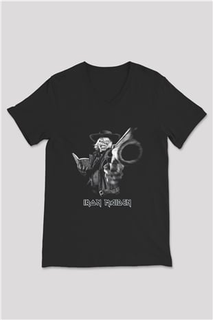 Iron Maiden Siyah Unisex V Yaka Tişört T-Shirt