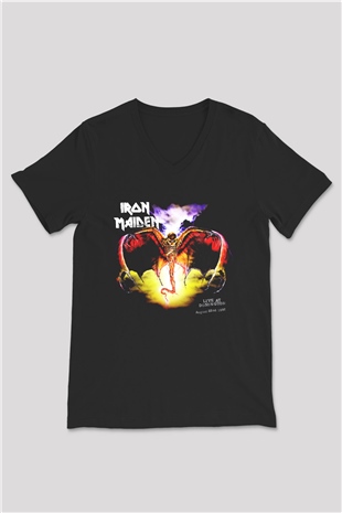 Iron Maiden Siyah Unisex V Yaka Tişört T-Shirt