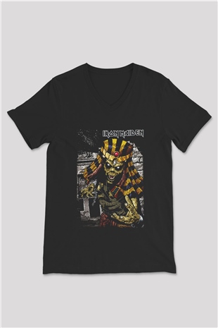Iron Maiden Siyah Unisex V Yaka Tişört T-Shirt