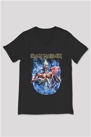 Iron Maiden Siyah Unisex V Yaka Tişört T-Shirt