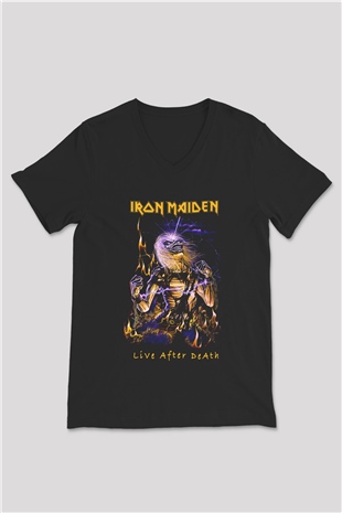 Iron Maiden Siyah Unisex V Yaka Tişört T-Shirt