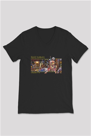 Iron Maiden Siyah Unisex V Yaka Tişört T-Shirt