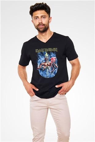 Iron Maiden Siyah Unisex V Yaka Tişört T-Shirt