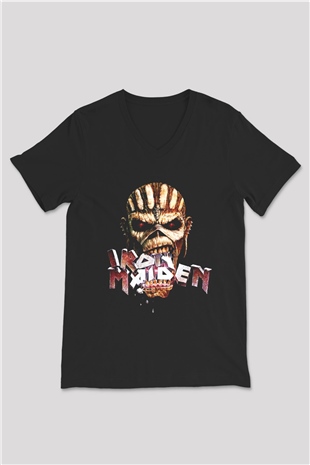 Iron Maiden Siyah Unisex V Yaka Tişört T-Shirt