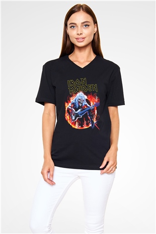 Iron Maiden Siyah Unisex V Yaka Tişört T-Shirt