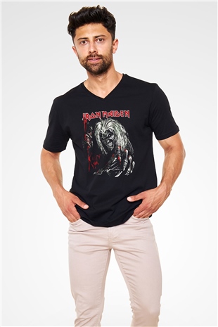 Iron Maiden Siyah Unisex V Yaka Tişört T-Shirt