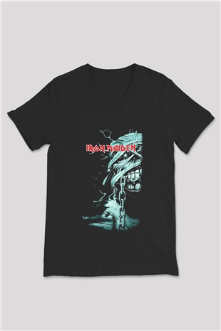 Iron Maiden Siyah Unisex V Yaka Tişört T-Shirt