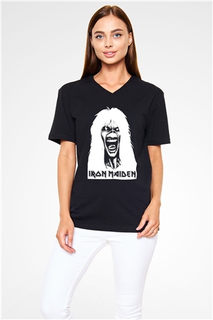 Iron Maiden Siyah Unisex V Yaka Tişört T-Shirt