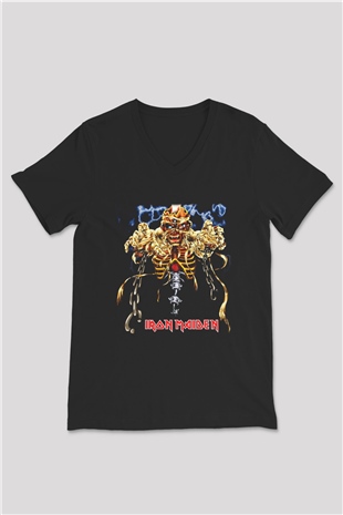 Iron Maiden Siyah Unisex V Yaka Tişört T-Shirt