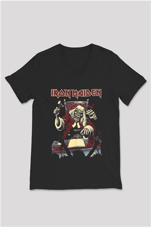 Iron Maiden Siyah Unisex V Yaka Tişört T-Shirt